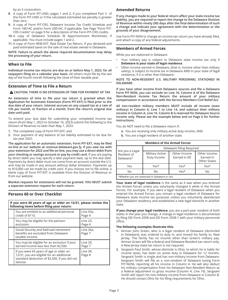 Instructions for Form PIT-NON Delaware Individual Non-resident Income Tax Return - Delaware, Page 3