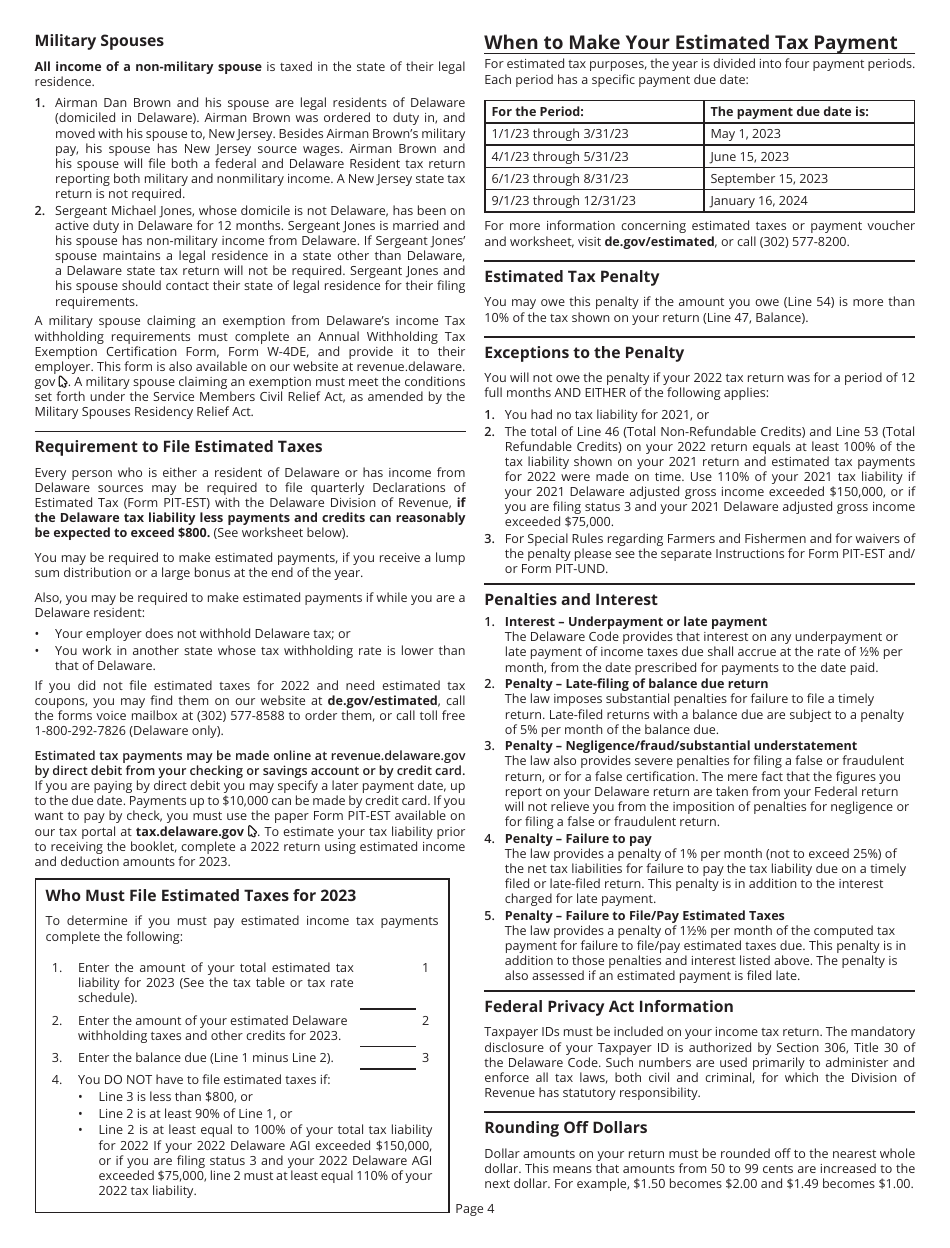 Instructions for Form PIT-NON Delaware Individual Non-resident Income Tax Return - Delaware, Page 4