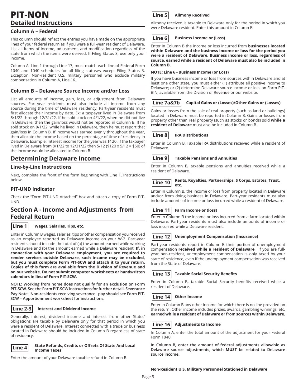 Instructions for Form PIT-NON Delaware Individual Non-resident Income Tax Return - Delaware, Page 5