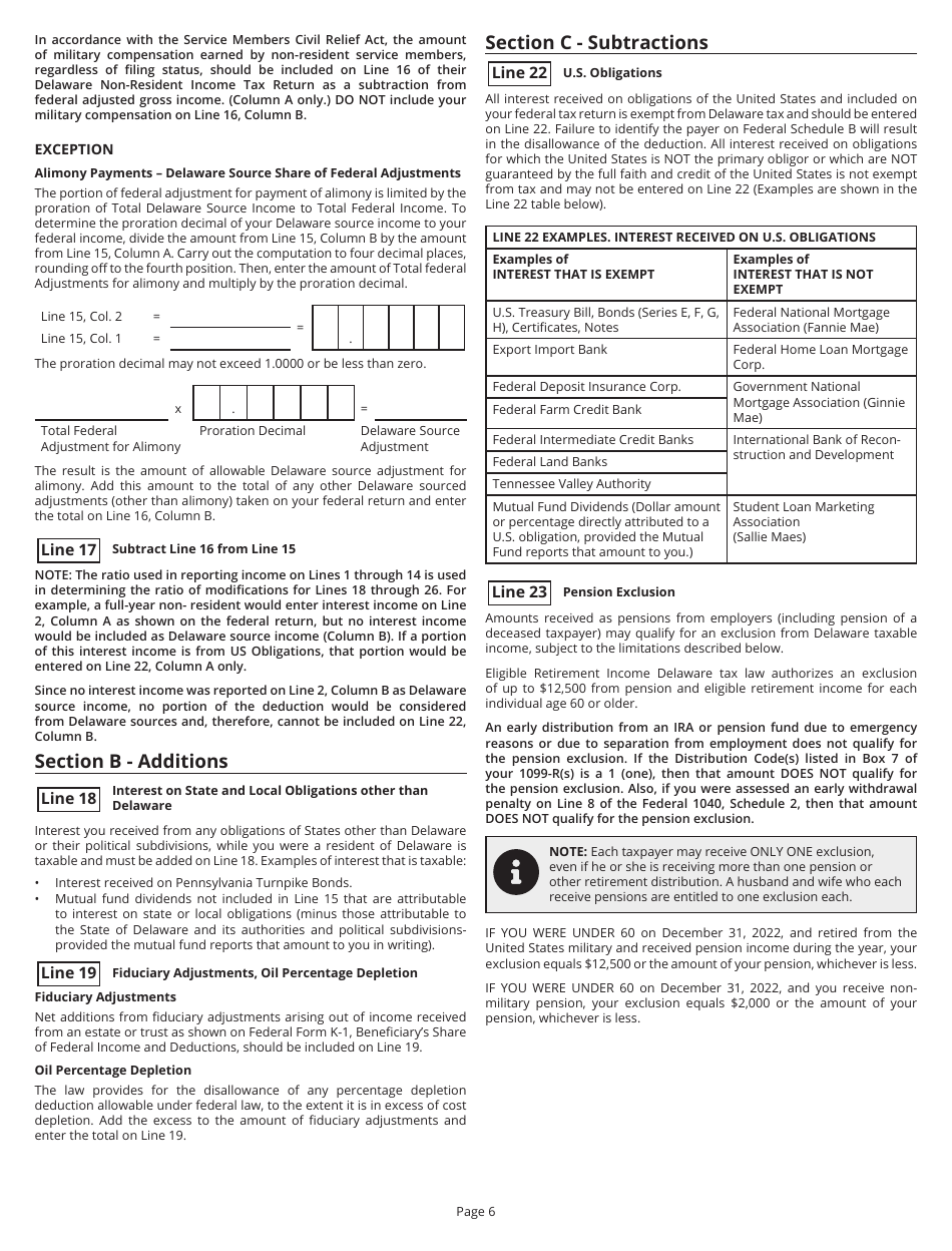 Instructions for Form PIT-NON Delaware Individual Non-resident Income Tax Return - Delaware, Page 6