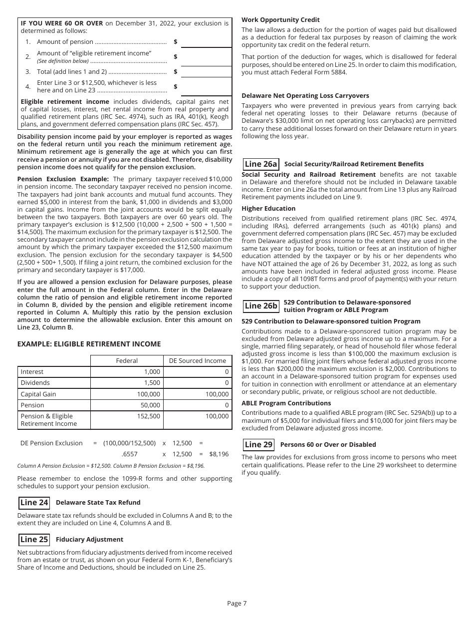 Instructions for Form PIT-NON Delaware Individual Non-resident Income Tax Return - Delaware, Page 7