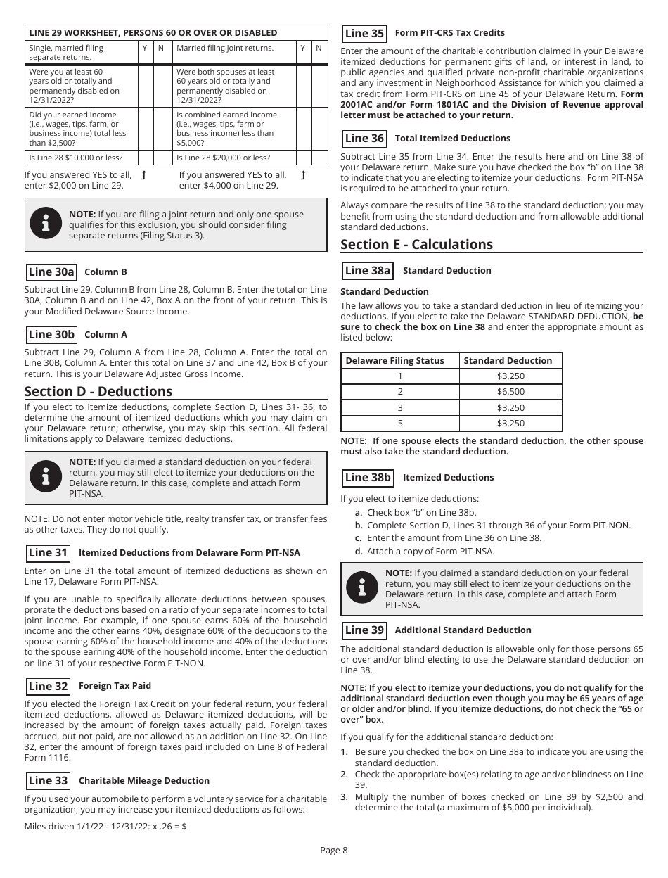 Instructions for Form PIT-NON Delaware Individual Non-resident Income Tax Return - Delaware, Page 8