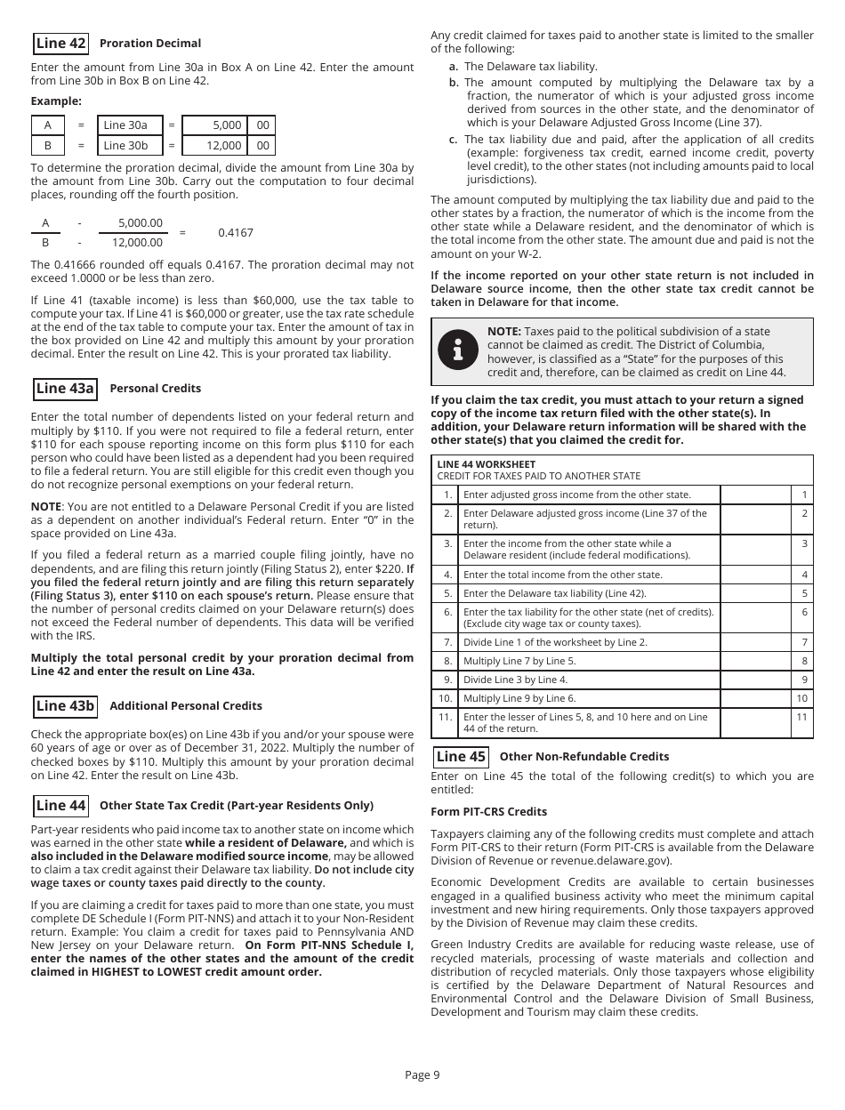Instructions for Form PIT-NON Delaware Individual Non-resident Income Tax Return - Delaware, Page 9
