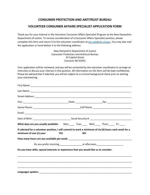 Volunteer Consumer Affairs Specialist Application Form - New Hampshire Download Pdf