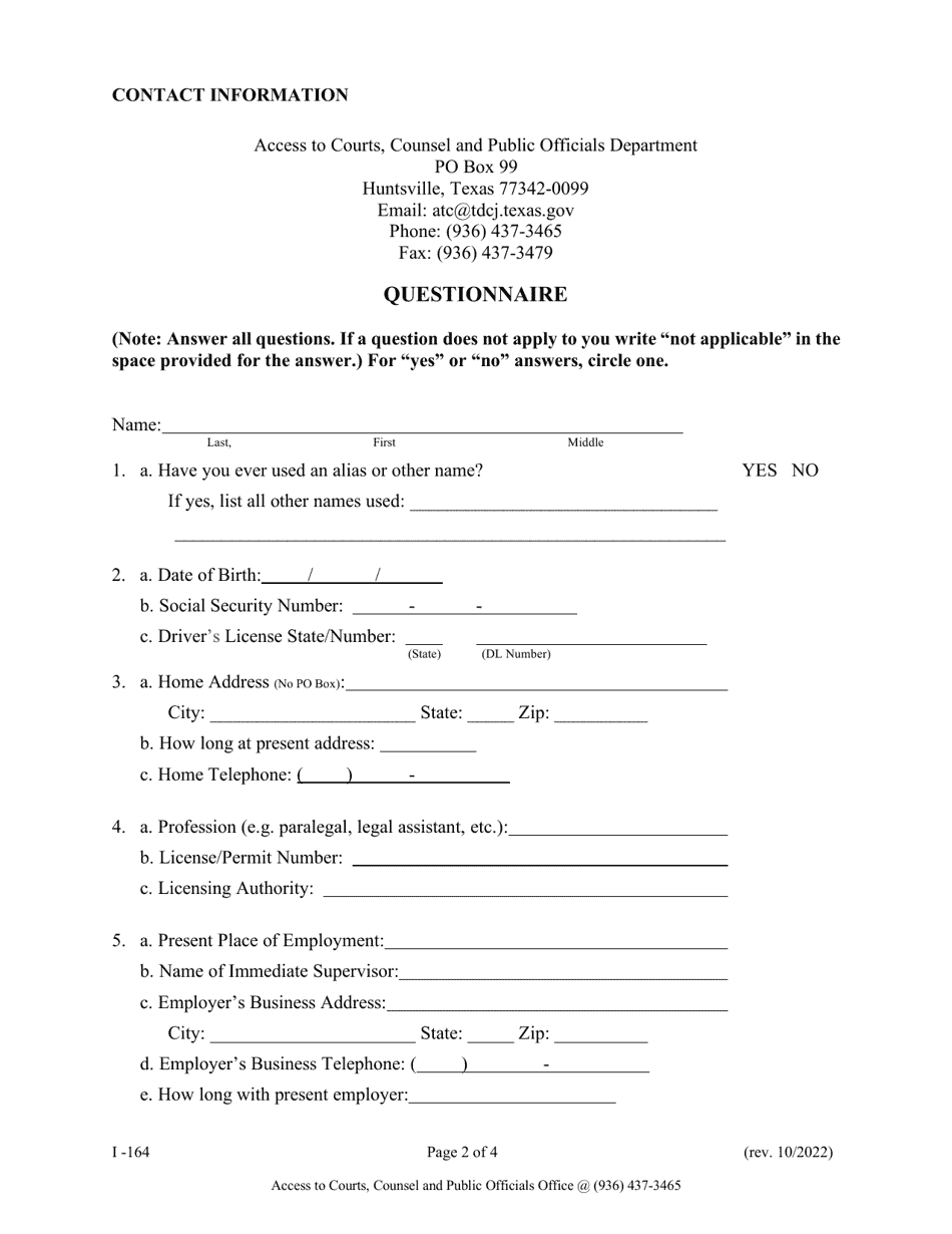 Form I-164 Application to Visit Tdcj Inmate as Attorney / Consul Representative - Texas, Page 2