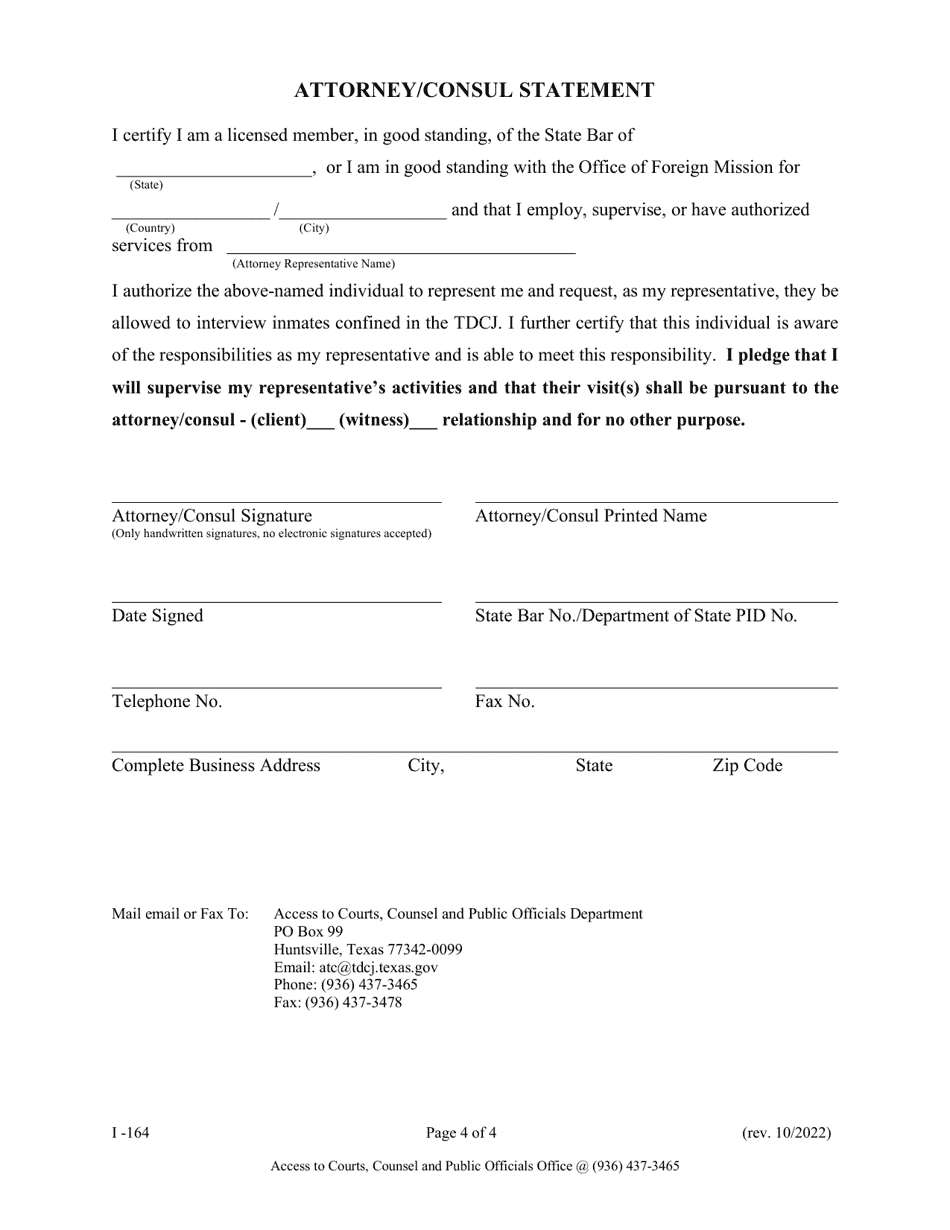 Form I-164 Application to Visit Tdcj Inmate as Attorney / Consul Representative - Texas, Page 4