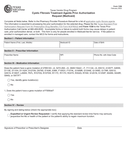 Form 1338 Cystic Fibrosis Treatment Agents Prior Authorization Request (Medicaid) - Texas Vendor Drug Program - Texas