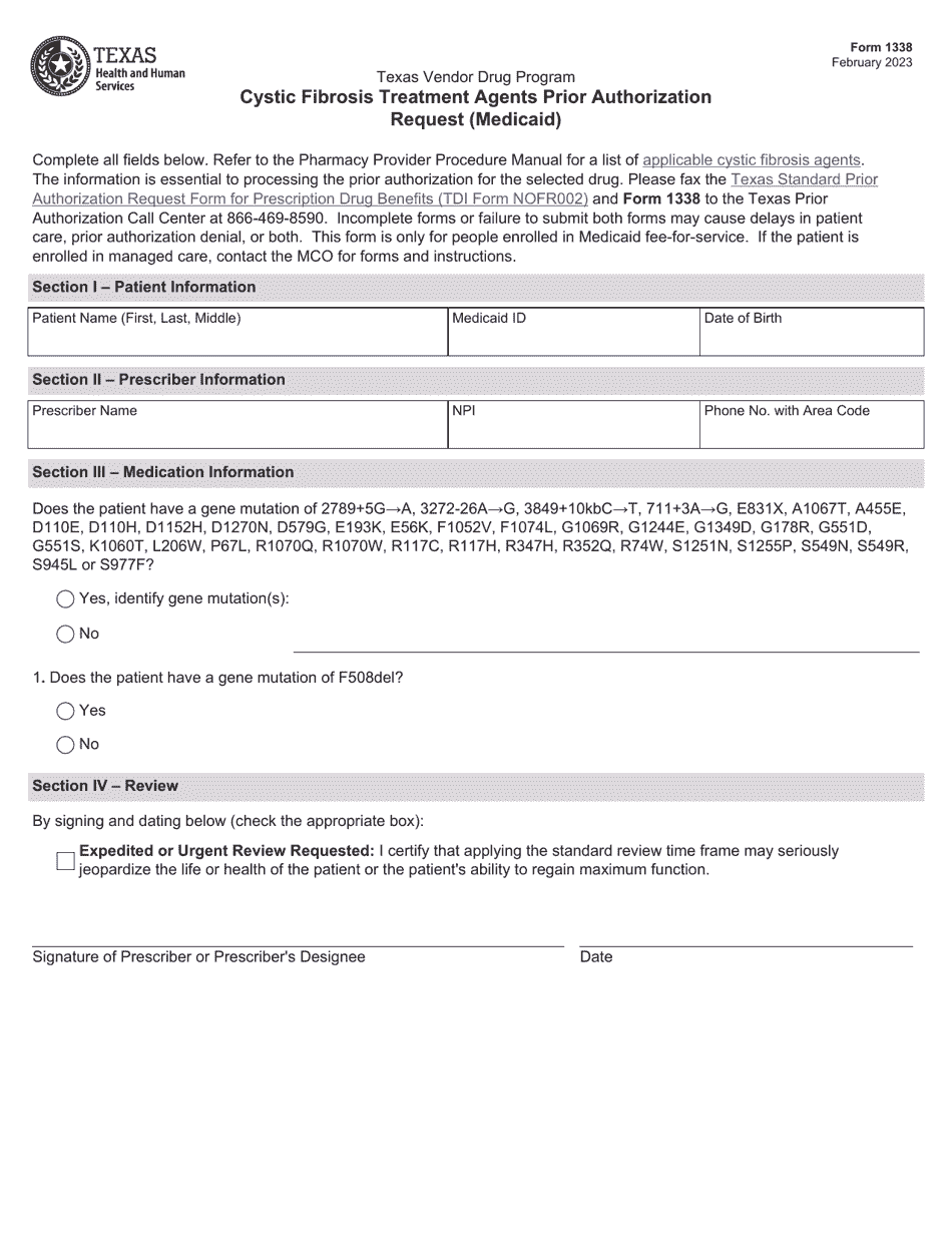 Form 1338 Cystic Fibrosis Treatment Agents Prior Authorization Request (Medicaid) - Texas Vendor Drug Program - Texas, Page 1