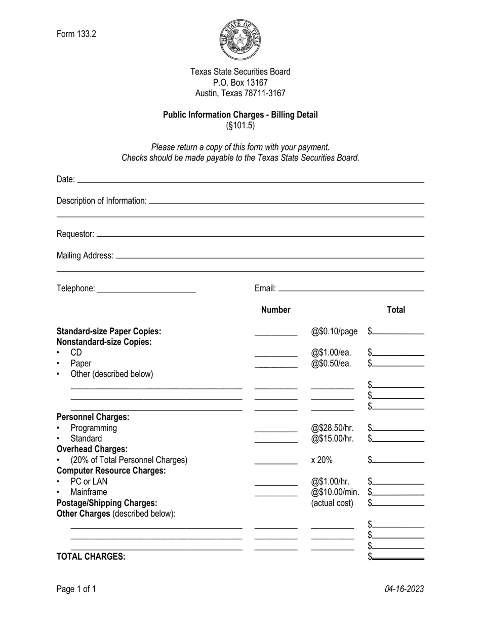 Form 133.2 Public Information Charges - Billing Detail - Texas, Page 1