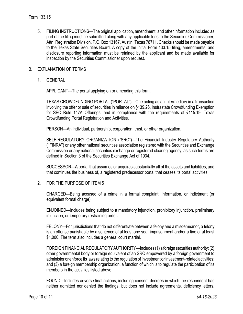 Form 133.15 Texas Crowdfunding Portal Registration - Texas, Page 10