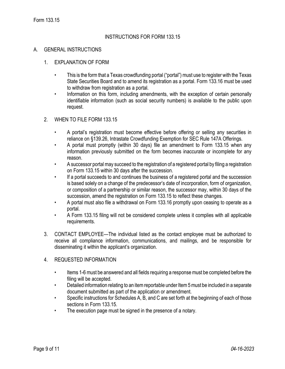 Form 133.15 Texas Crowdfunding Portal Registration - Texas, Page 9