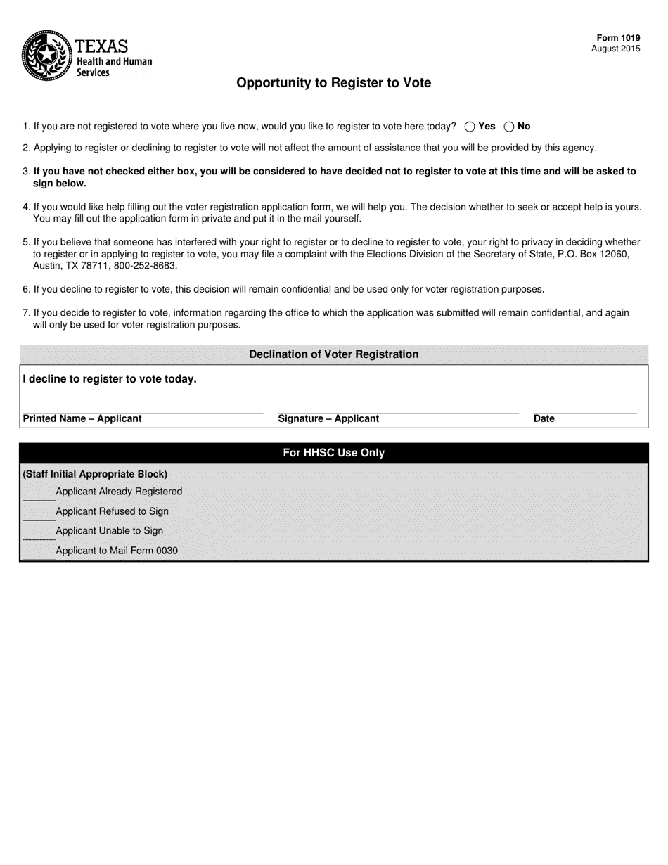 Form 1019 Opportunity to Register to Vote - Texas, Page 1