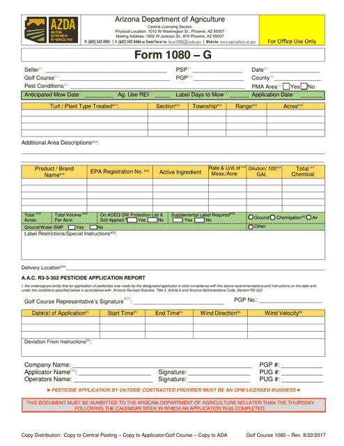 Form 1080G Golf Courses Pesticide Application Records Submission - Arizona