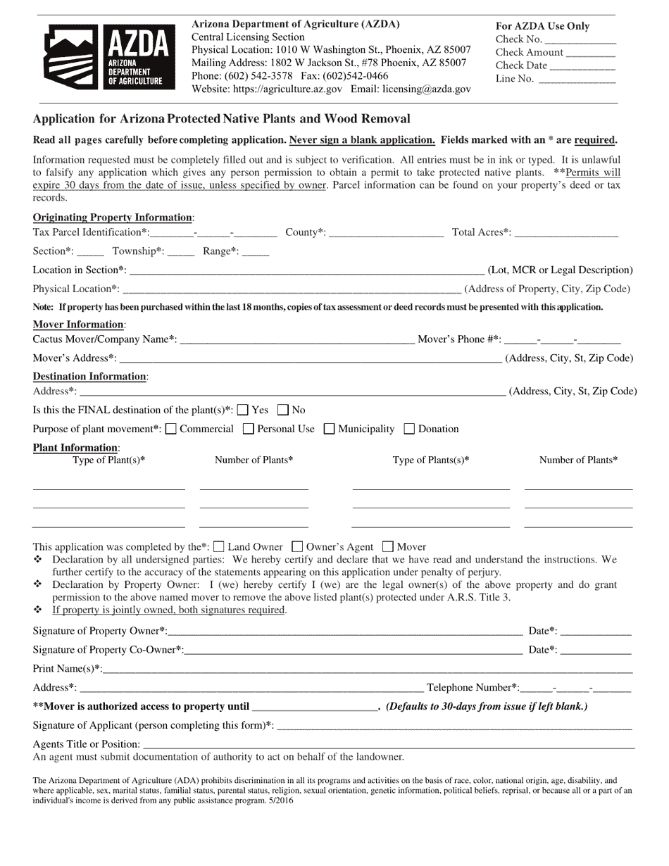 Application for Arizona Protected Native Plants and Wood Removal - Arizona, Page 1