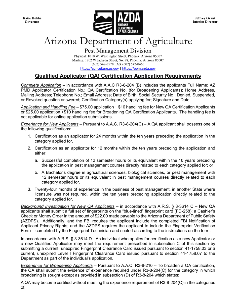 Qualified Applicator Certification Application - Arizona, Page 1