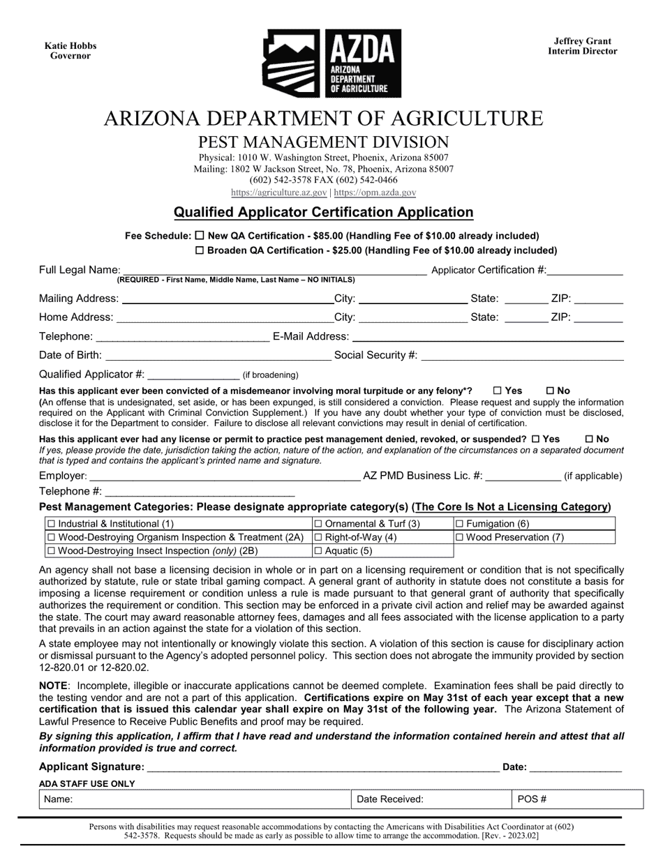 Arizona Qualified Applicator Certification Application Fill Out, Sign
