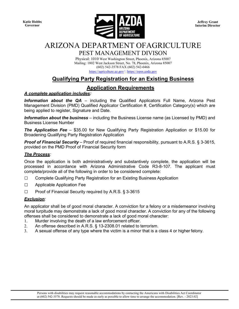 Qualifying Party Registration for an Existing Business License Application - Arizona, Page 1