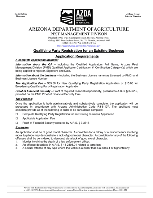 Qualifying Party Registration for an Existing Business License Application - Arizona Download Pdf