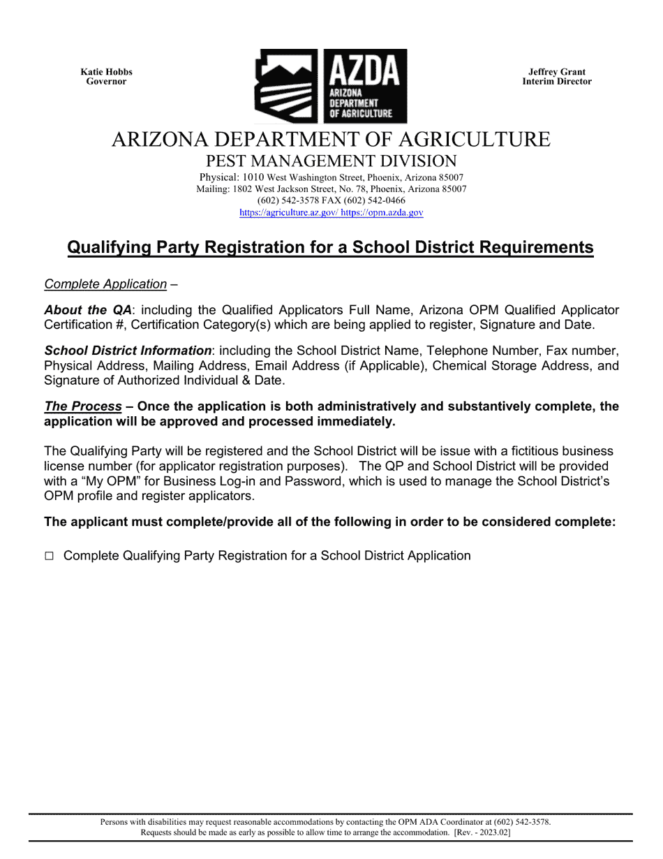 Qualifying Party Registration for a School District Application - Arizona, Page 1