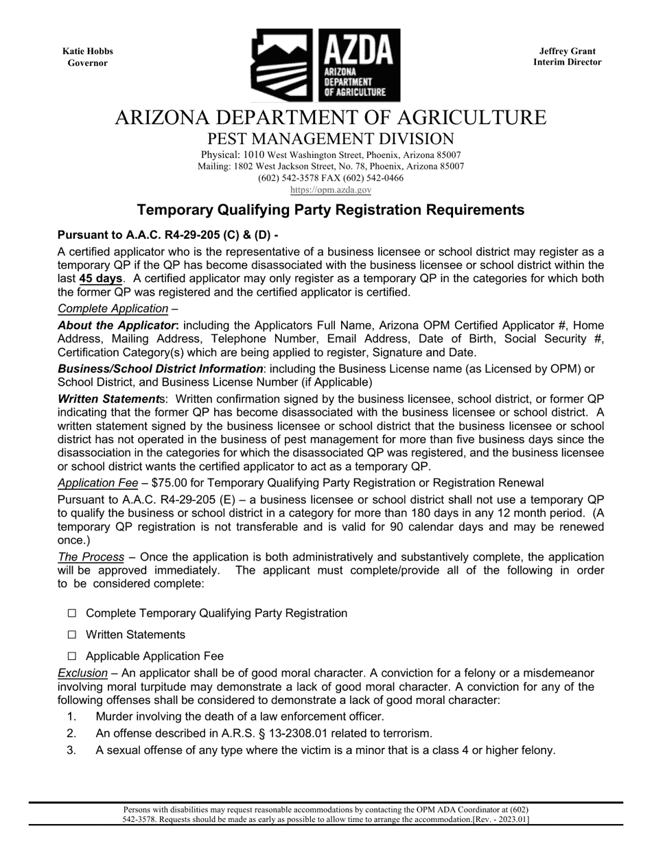Temporary Qualifying Party Registration Application - Arizona, Page 1