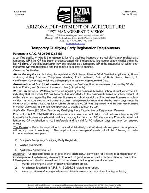 Temporary Qualifying Party Registration Application - Arizona Download Pdf