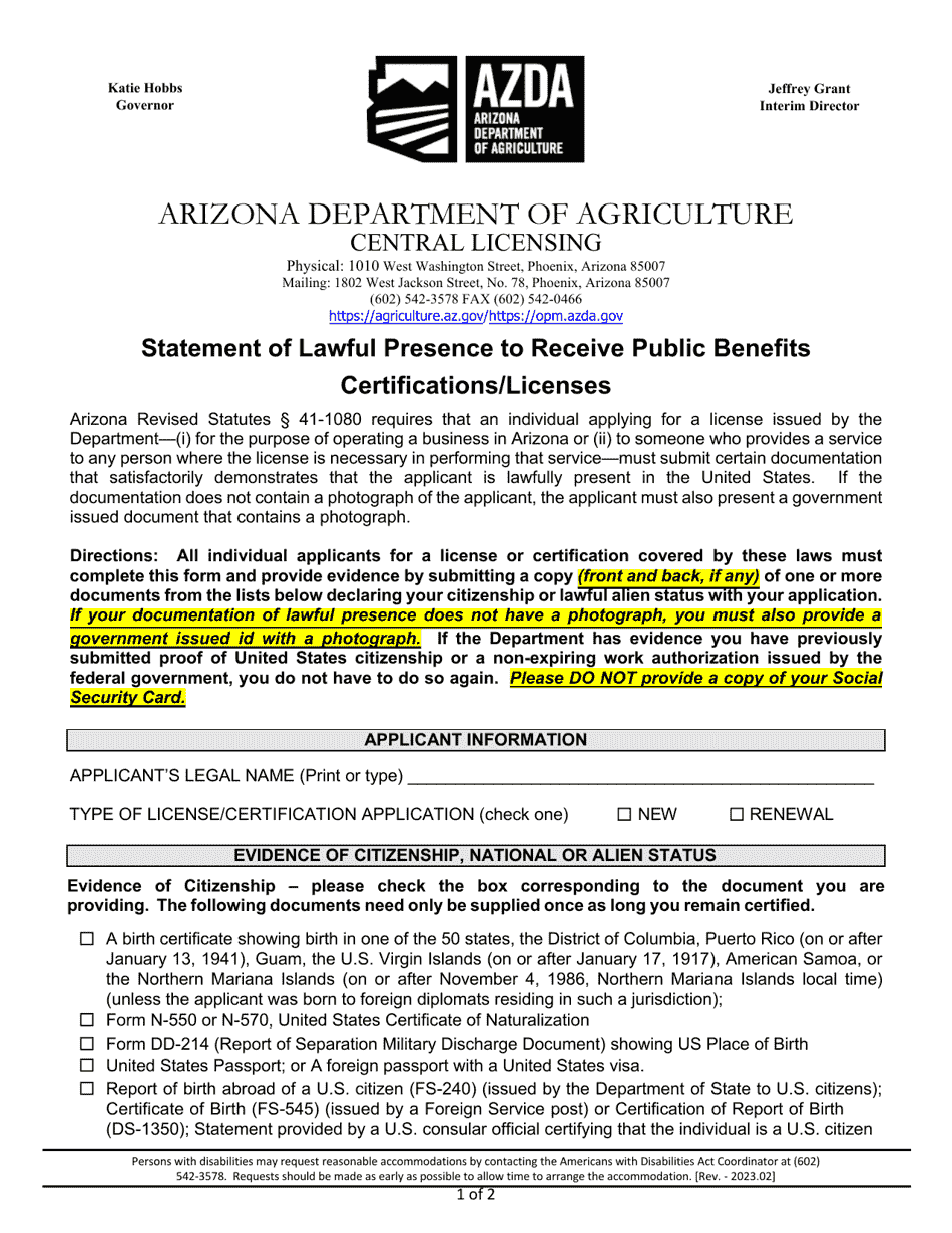 Statement of Lawful Presence to Receive Public Benefits Certifications / Licenses - Arizona, Page 1