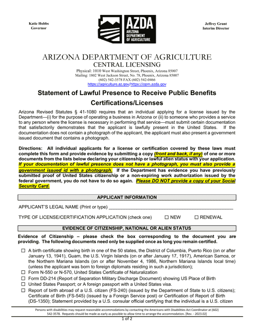Statement of Lawful Presence to Receive Public Benefits Certifications / Licenses - Arizona Download Pdf