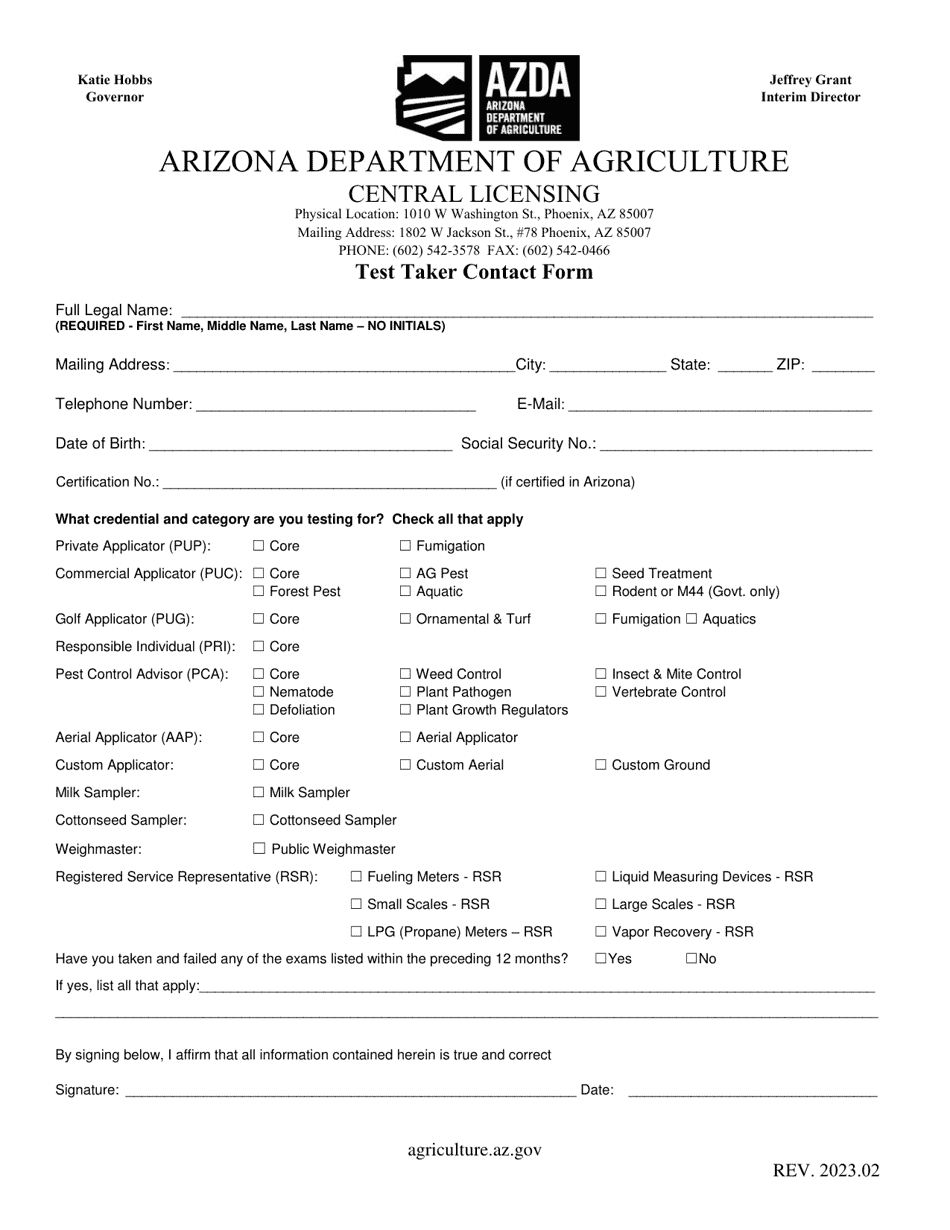 Test Taker Contact Form - Arizona, Page 1