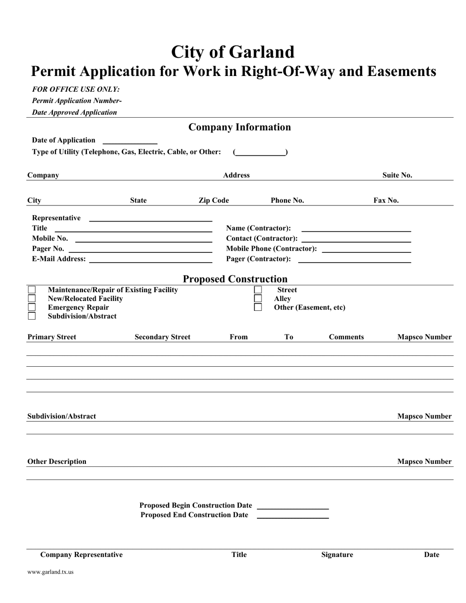 Permit Application for Work in Right-Of-Way and Easements - City of Garland, Texas, Page 1