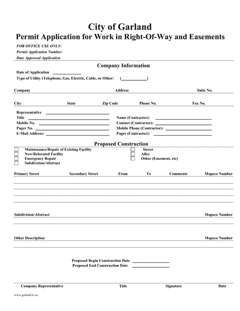 Permit Application for Work in Right-Of-Way and Easements - City of Garland, Texas Download Pdf