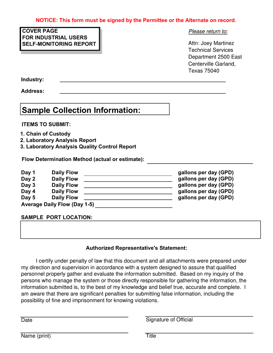 Cover Page for Industrial Users Self-monitoring Report - City of Garland, Texas, Page 1
