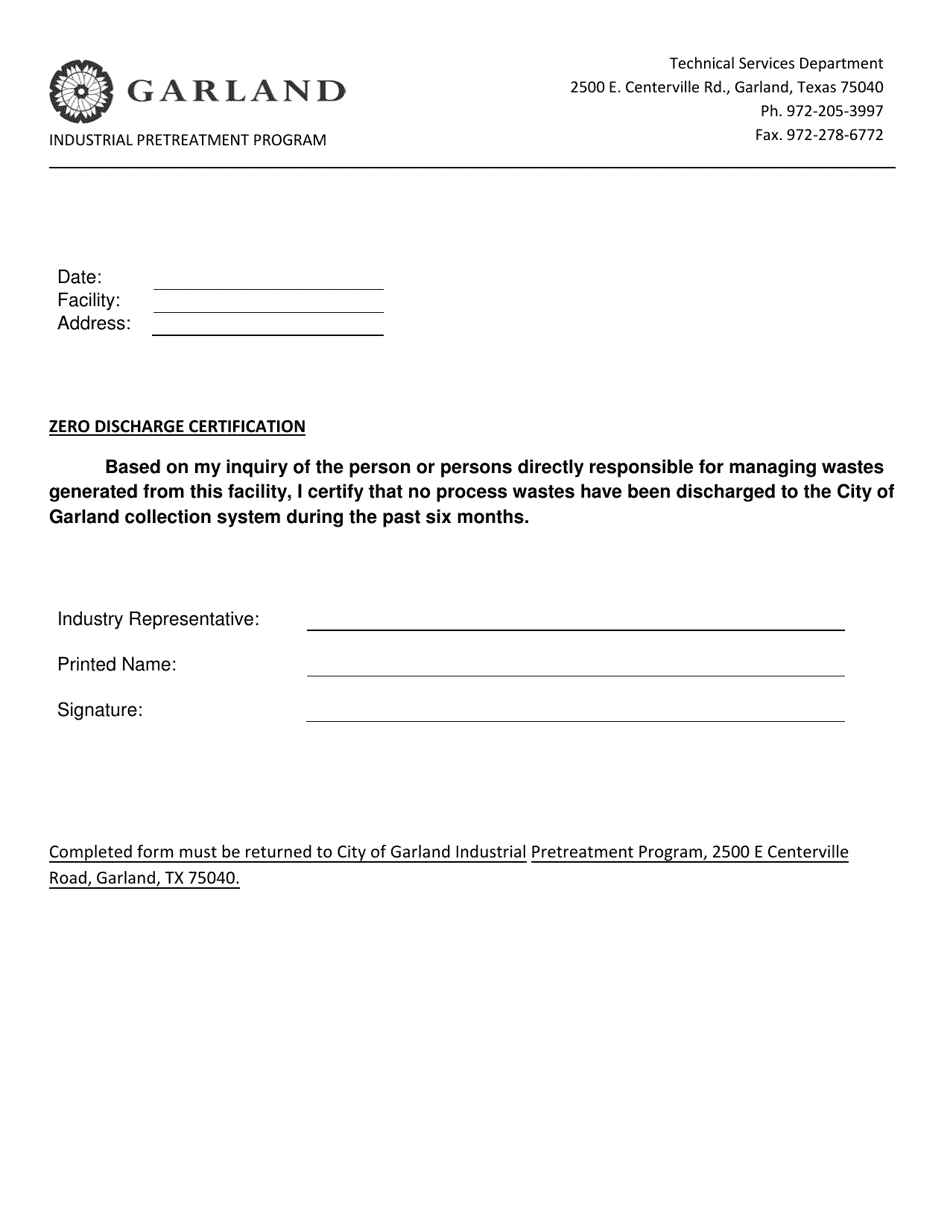 Zero Discharge Certification - City of Garland, Texas, Page 1