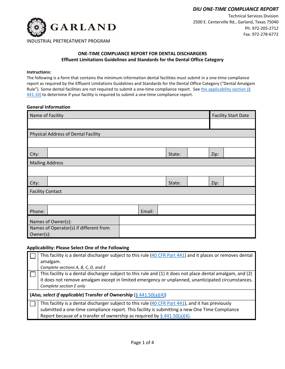One-Time Compliance Report for Dental Dischargers - City of Garland, Texas, Page 1