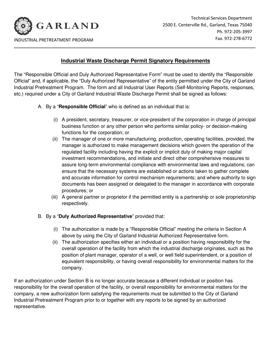 City of Garland, Texas Responsible Official and Duly Authorized Representative Form Fill Out