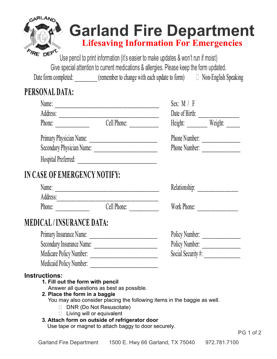 Emergency Medical Information Form - City of Garland, Texas, Page 1