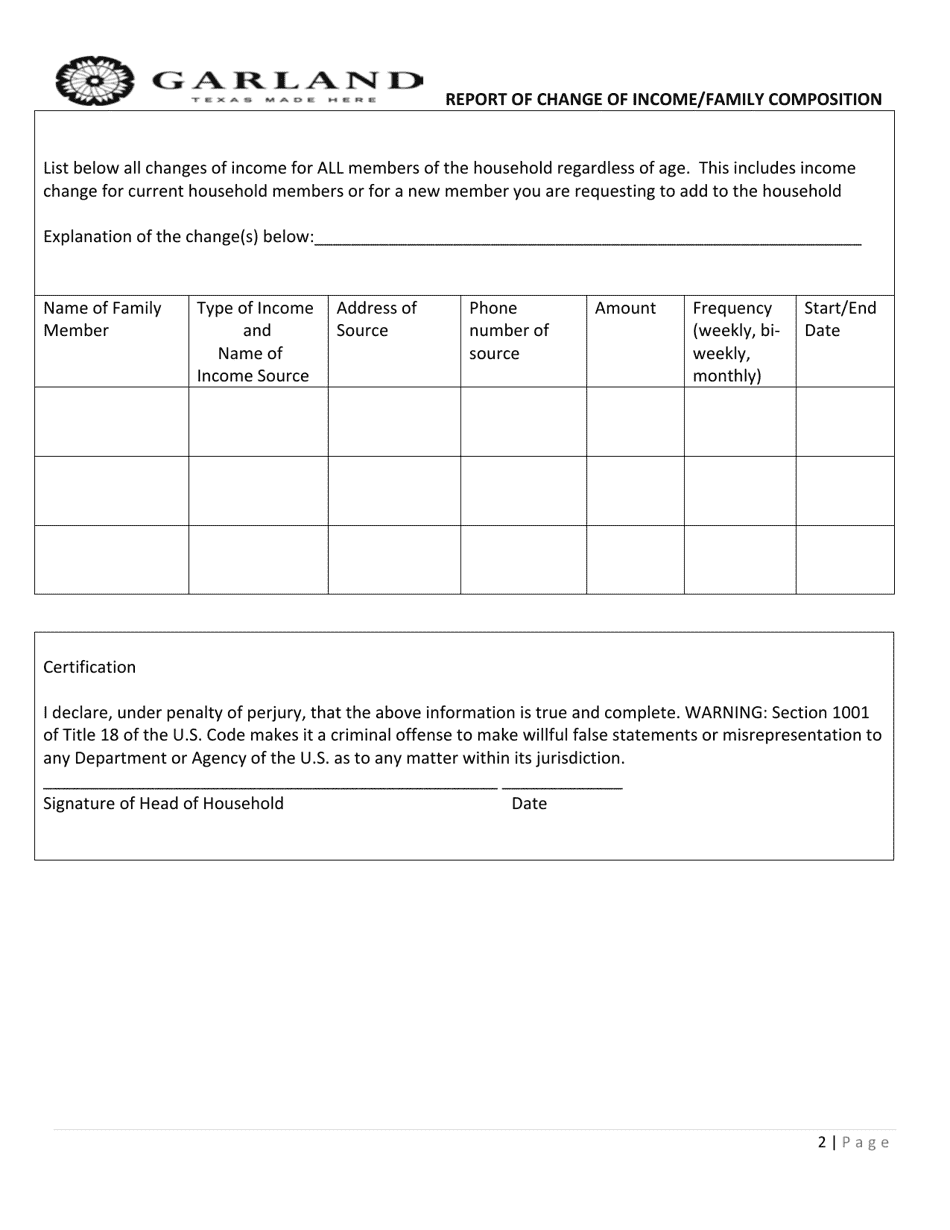 Report of Change of Income / Family Composition - City of Garland, Texas, Page 2