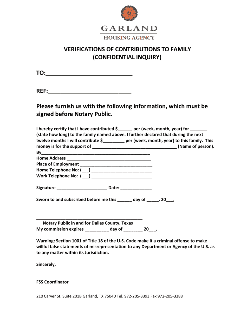 Verifications of Contributions to Family - City of Garland, Texas, Page 1