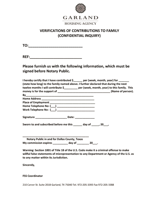 Verifications of Contributions to Family - City of Garland, Texas Download Pdf