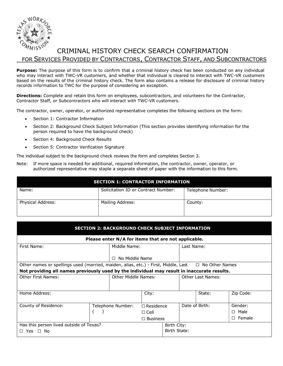 Criminal History Check Search Confirmation for Services Provided by Contractors, Contractor Staff, and Subcontractors - Texas, Page 1