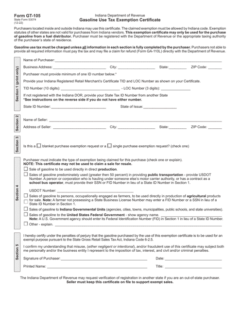 Form GT-105 (State Form 53074) Gasoline Use Tax Exemption Certificate - Indiana