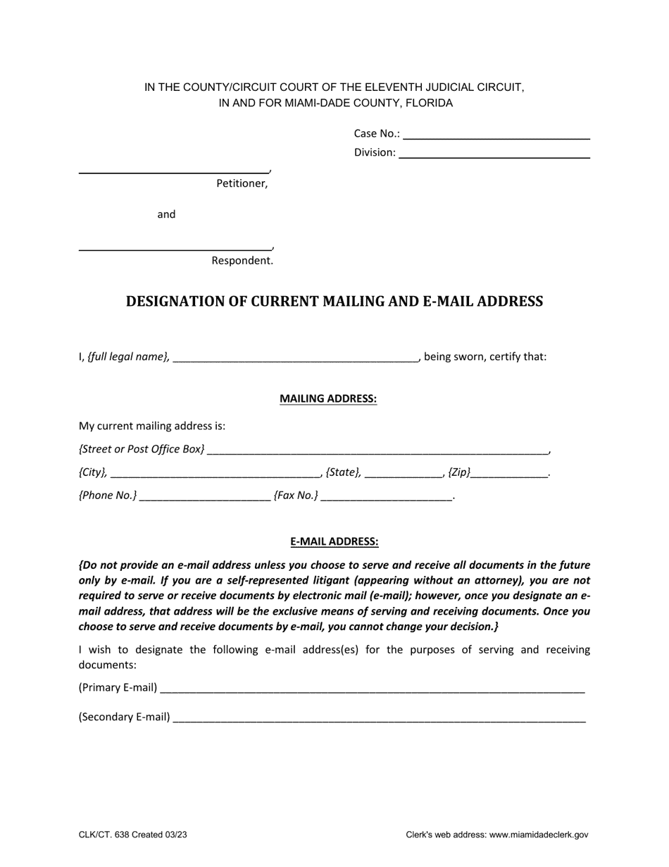 Form CLK / CT.638 Designation of Current Mailing and E-Mail Address - Miami-Dade County, Florida, Page 1