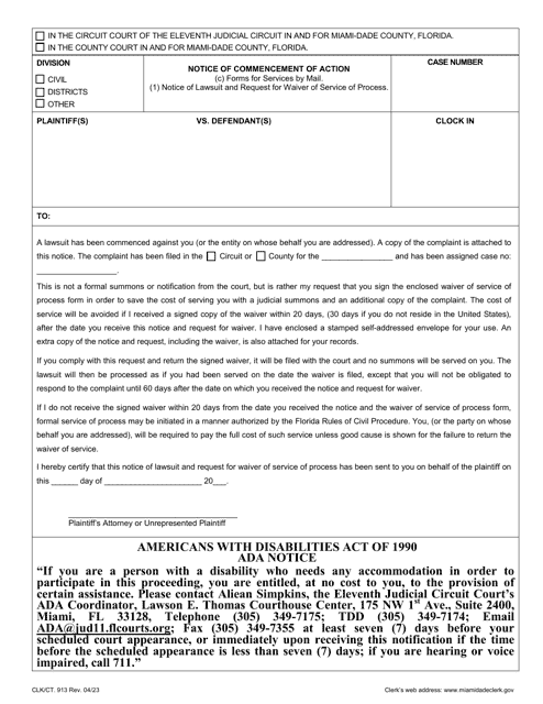 Form CLK/CT.913 Notice of Commencement of Action - Miami-Dade County, Florida