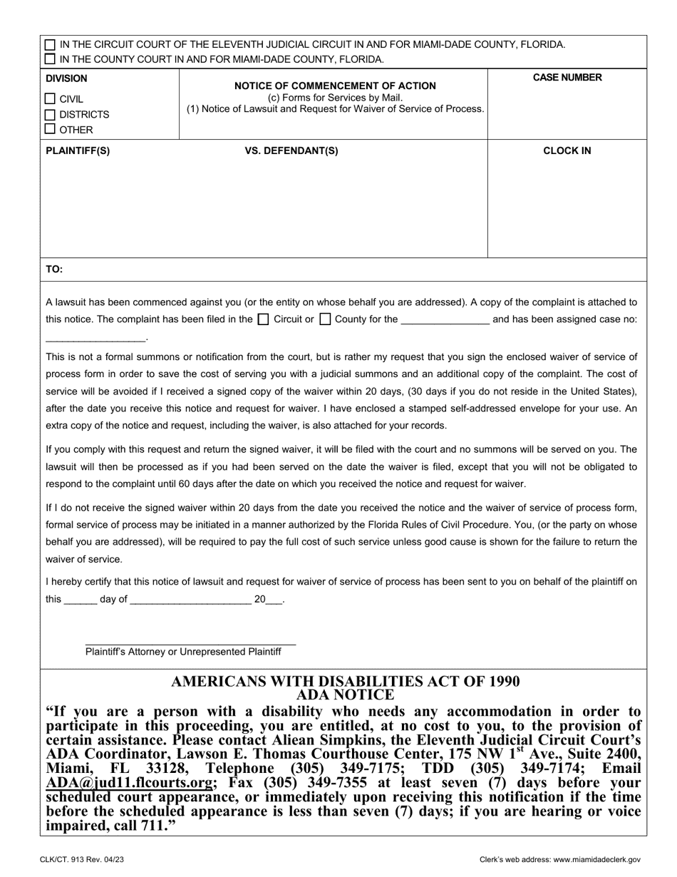 Form CLK / CT.913 Notice of Commencement of Action - Miami-Dade County, Florida, Page 1