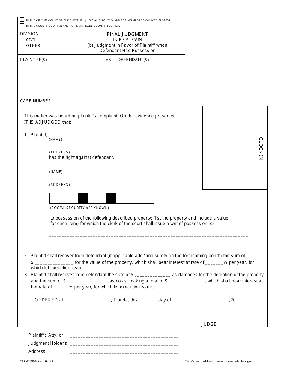 Form CLK CT896 Download Fillable PDF Or Fill Online Final Judgment In   Form Clk Ct896 Final Judgment In Replevin B Judgment In Favor Of Plaintiff When Defendant Has Possession Miami Dade County Florida Print Big 