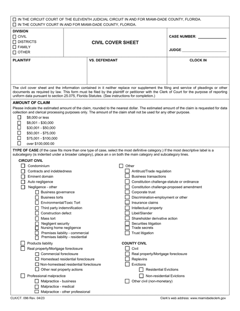 Form CLK/CT.096 Civil Cover Sheet - Miami-Dade County, Florida