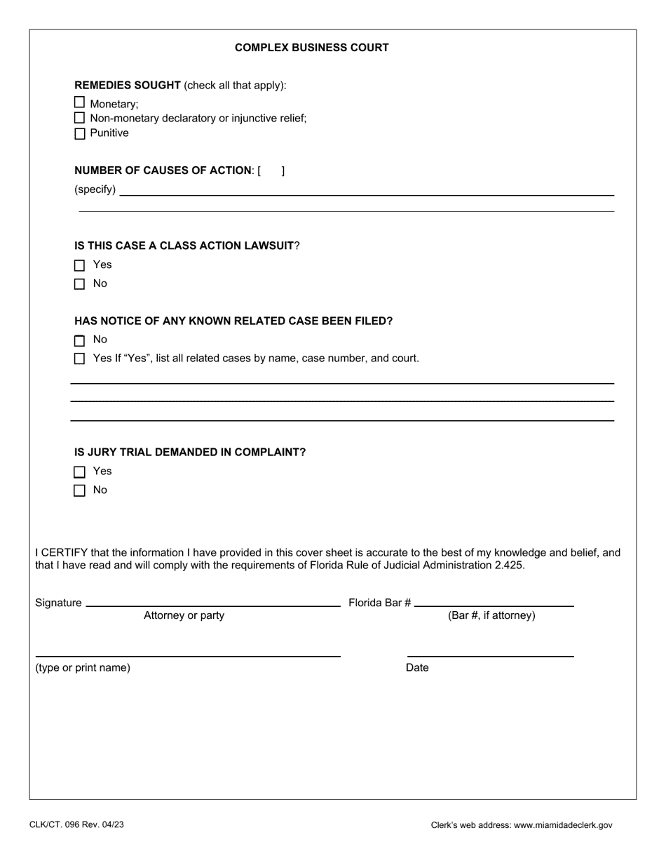 Form CLK / CT.096 Civil Cover Sheet - Miami-Dade County, Florida, Page 2