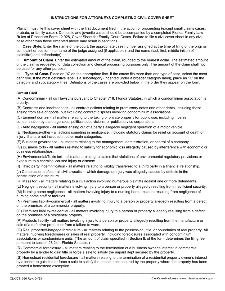 Form CLK / CT.096 Civil Cover Sheet - Miami-Dade County, Florida, Page 3