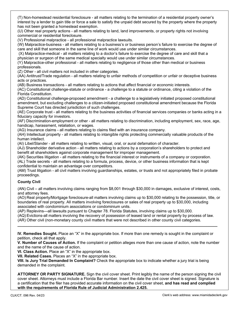 Form CLK / CT.096 Civil Cover Sheet - Miami-Dade County, Florida, Page 4