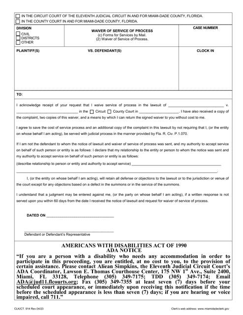 Form CLK/CT.914 Waiver of Service of Process - Miami-Dade County, Florida