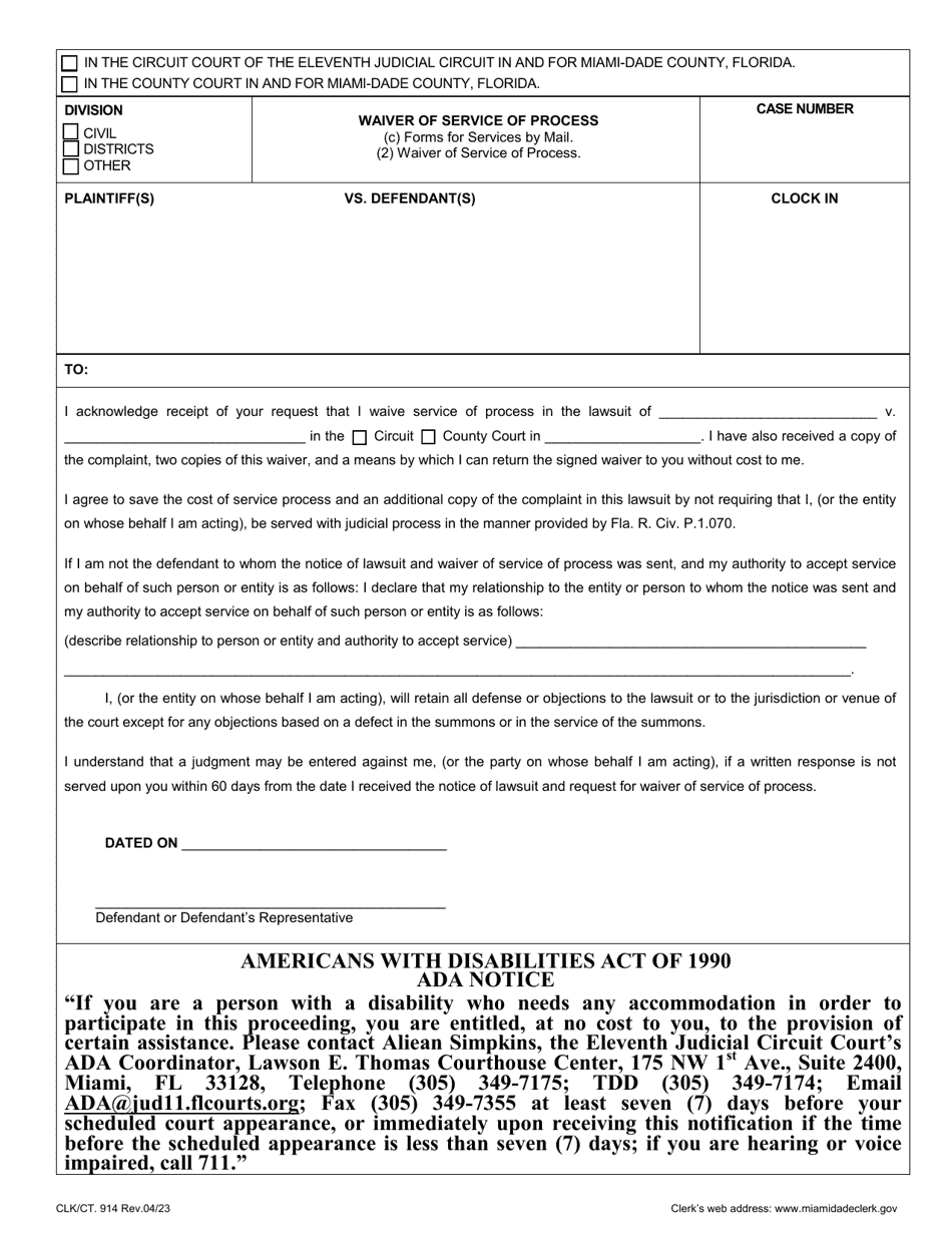 Form CLK / CT.914 Waiver of Service of Process - Miami-Dade County, Florida, Page 1